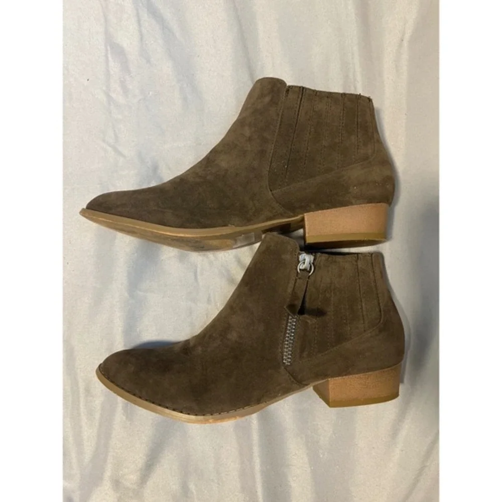 Womens Brown Suede‎ Pointed Toe Ankle Boots Side Zip Block Heel Fashion Booties